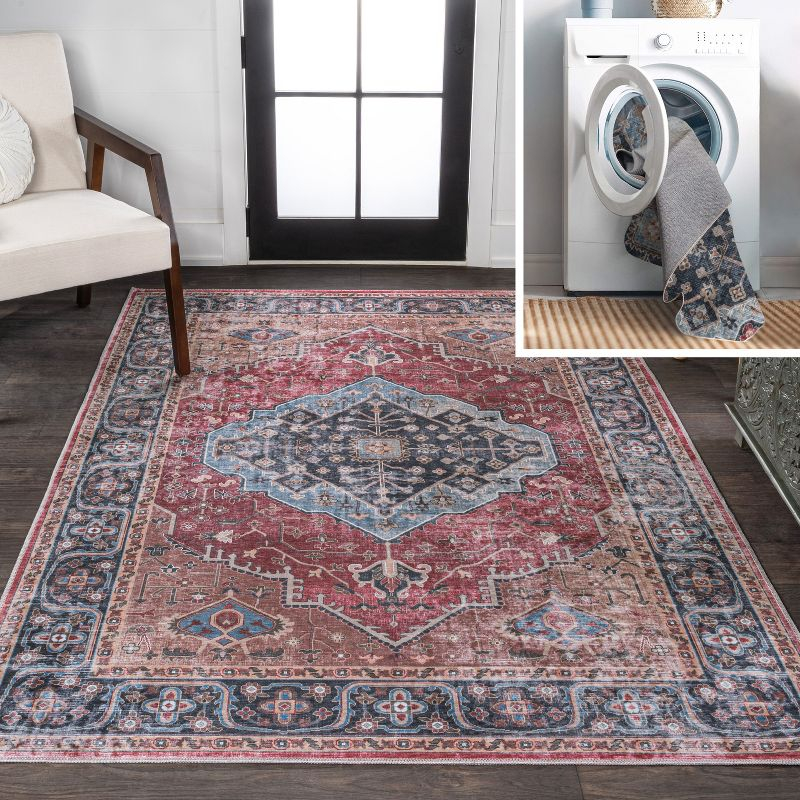 Alacati Ogee Medallion Machine-Washable Red/Blue/Brown 3 ft. x 5 ft. Area Rug - JONATHAN Y