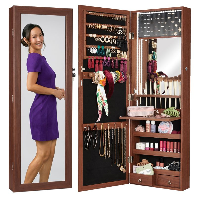 Best Choice Products Hanging Mirror Jewelry Armoire, Door or Wall Mounted Cabinet w/ LED Lights, Lock - Walnut