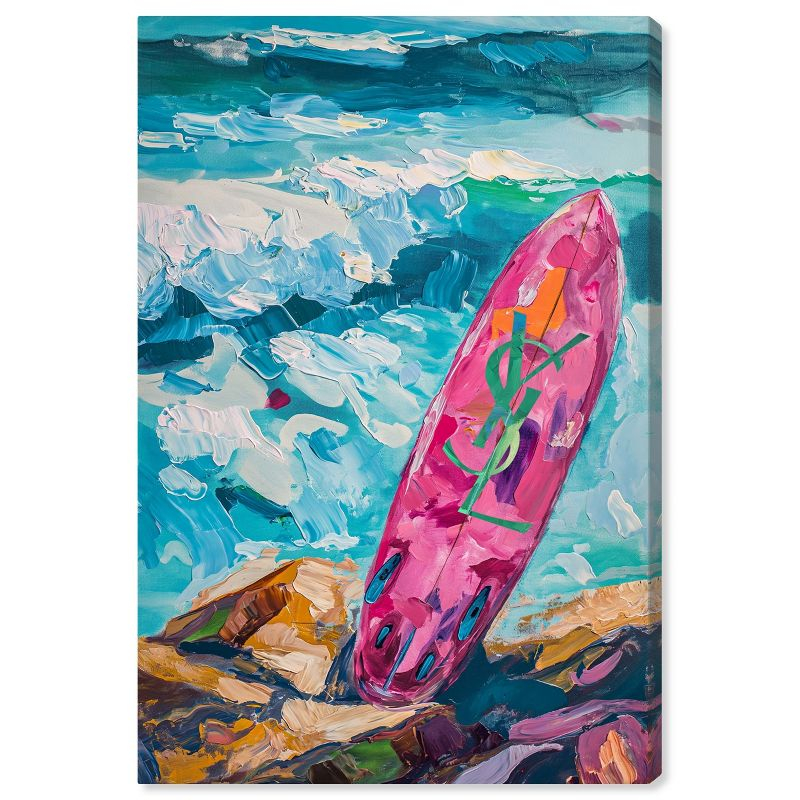 Art Remedy Pink Surfboard On The Beach Wall Art by Art Remedy
