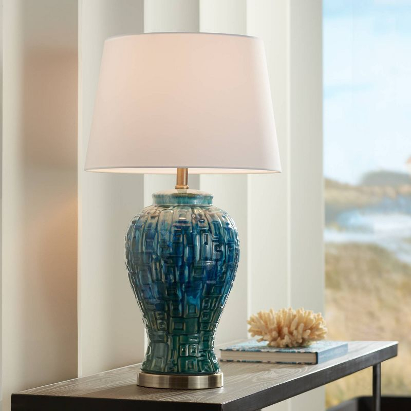 Possini Euro Design Asian Inspired Table Lamp 27" Tall Ceramic Teal Glaze Patterned Temple Jar White Empire Shade for Living Room (Colors May Vary)