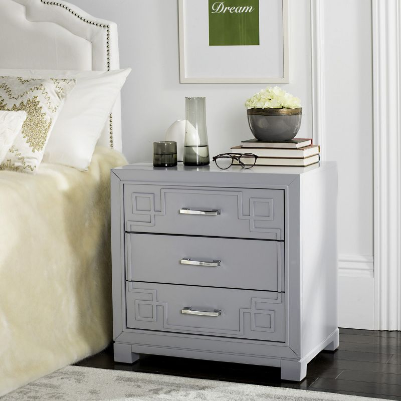 Raina 3 Drawer Greek Key Nightstand - Grey - Safavieh