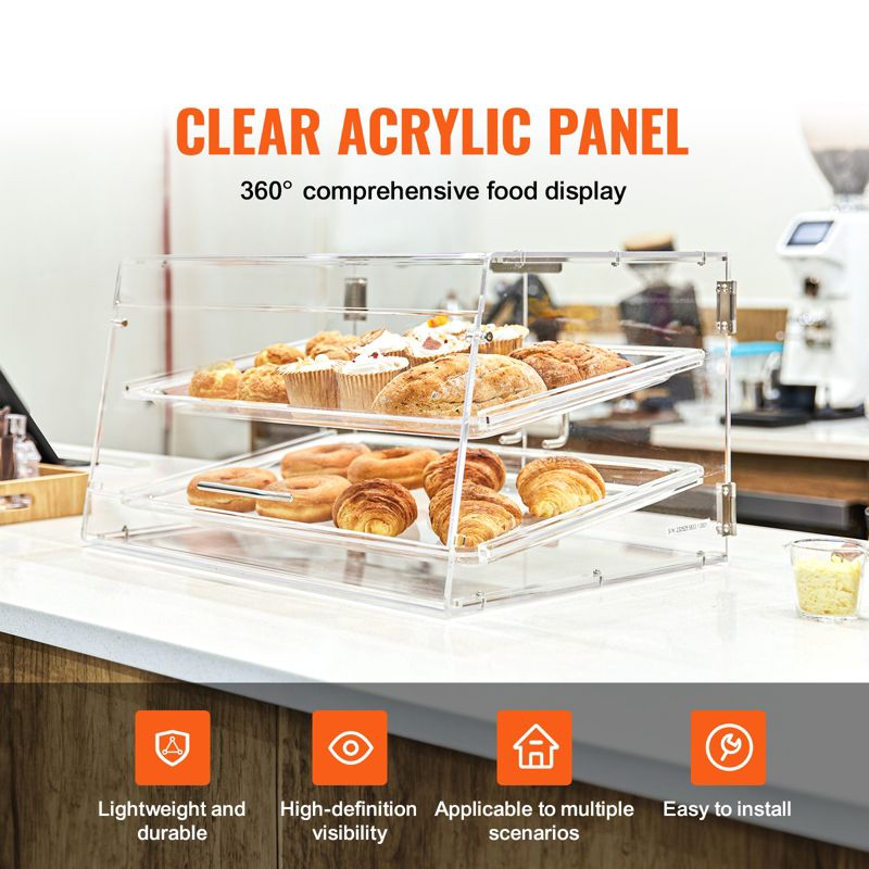 VEVOR Pastry Display Case, 2-Tier Countertop Bakery Display Case, Acrylic Display Box with Rear Door Access & Removable Shelves, 20.7"x13.2"x11.9"