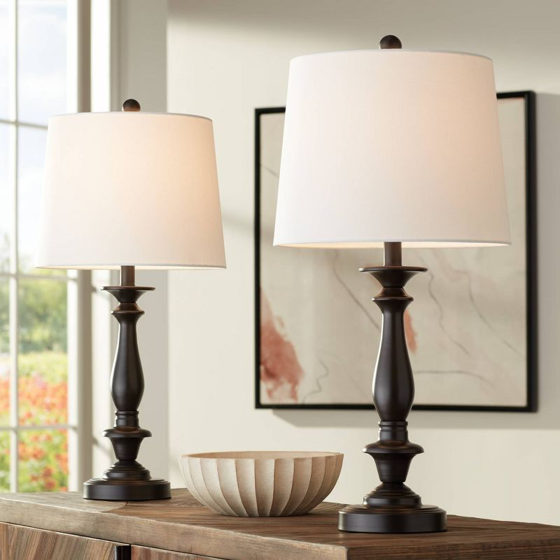 Regency Hill Rustic Traditional Table Lamps 26" High Set of 2 Dark Bronze Metal Candlestick White Drum Shade for Bedroom Living Room House Bedside