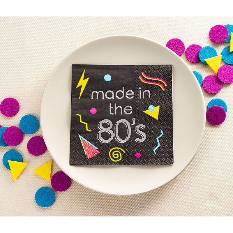 Juvale 80s Cocktail Napkins - 50-Pack Made in the 80s in Silver Foil Disposable Napkins, Black