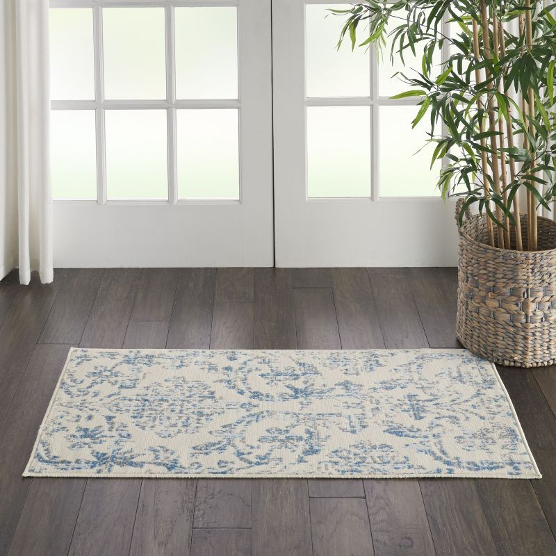 Nourison Jubilant 2' x 4' Ivory/Blue Area Rug Farmhouse Vintage Damask by Nourison