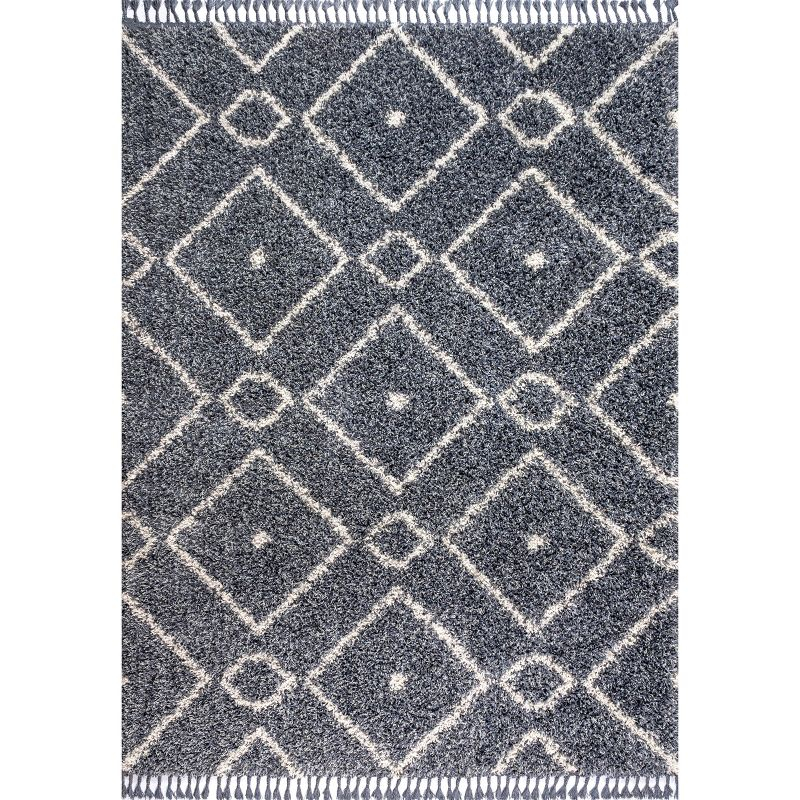 4'x6' Mercer Shag Plush Tassel Moroccan Diamond Area Rug, Denim/Cream - JONATHAN Y