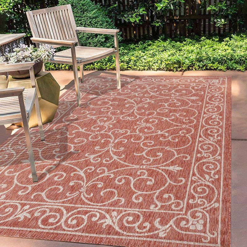 4'x6' Charleston Vintage Filigree Textured Weave Indoor/Outdoor Area Rug, Red/Beige - JONATHAN Y