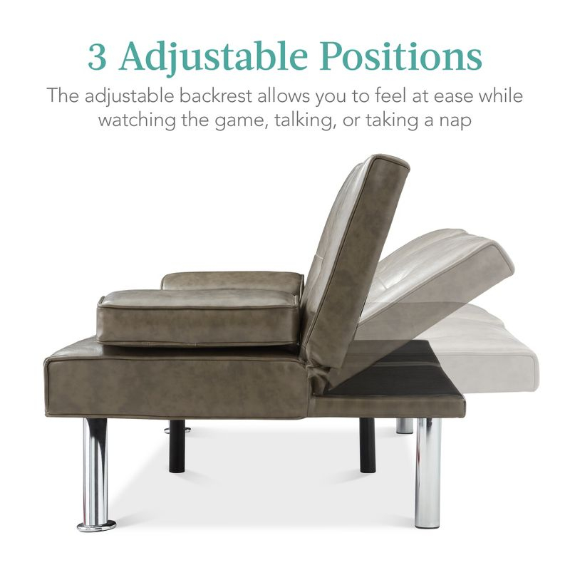 Best Choice Products Modern Faux Leather Convertible Futon Sofa w/ Removable Armrests, 2 Cupholders - Gray