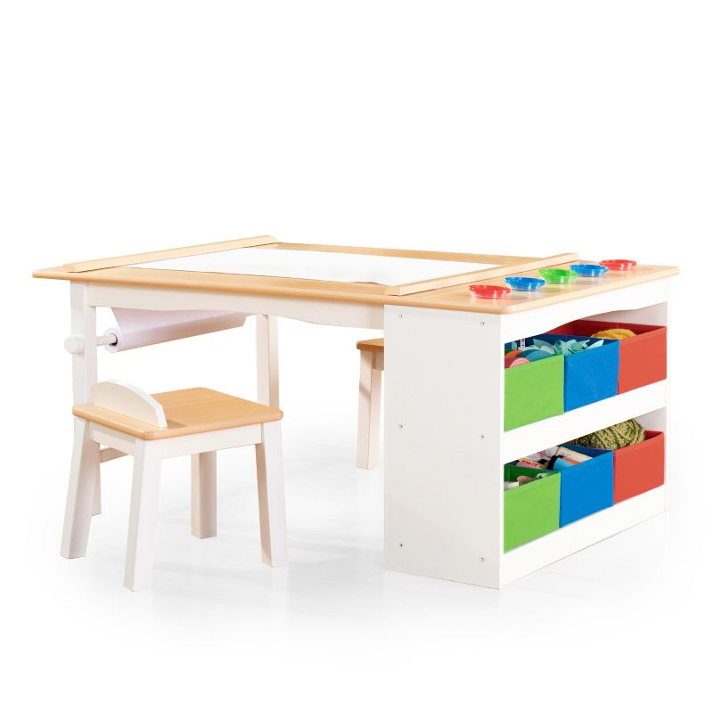 Guidecraft Arts and Crafts Center - White: Toddler Table & Craft Desk with Chairs, Storage, Paper Roller | Wooden Learning & Activity Table for Kids