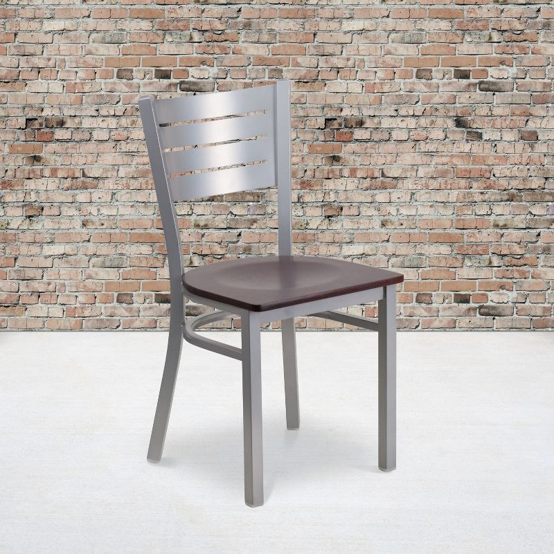 Flash Furniture HERCULES Series Silver Slat Back Metal Restaurant Chair - Walnut Wood Seat