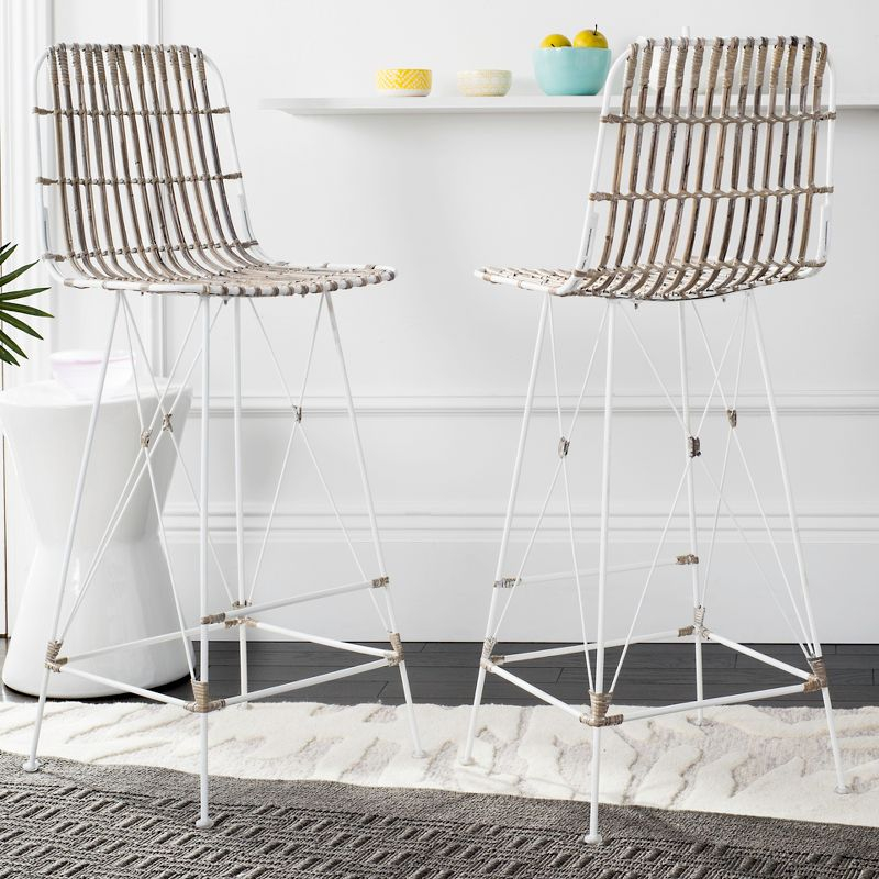 Minerva Wicker Bar Stool (Set of 2) - WIK6508 - White/White - Safavieh