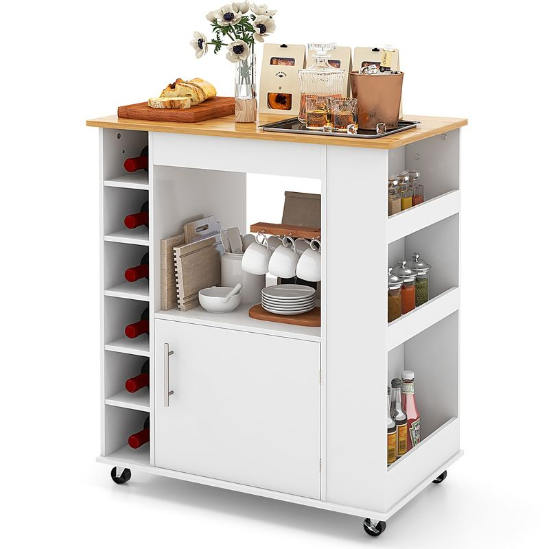 Tangkula Kitchen Cart on Wheels Mobile Kitchen Storage Island w/ 6-Bottle Wine Rack