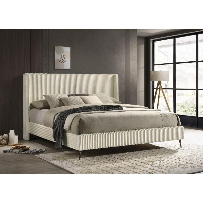Roundhill Furniture Mavela Wide-wale Corduroy Upholstery Panel Bed with 2 Nightstands and Bench Cream Queen