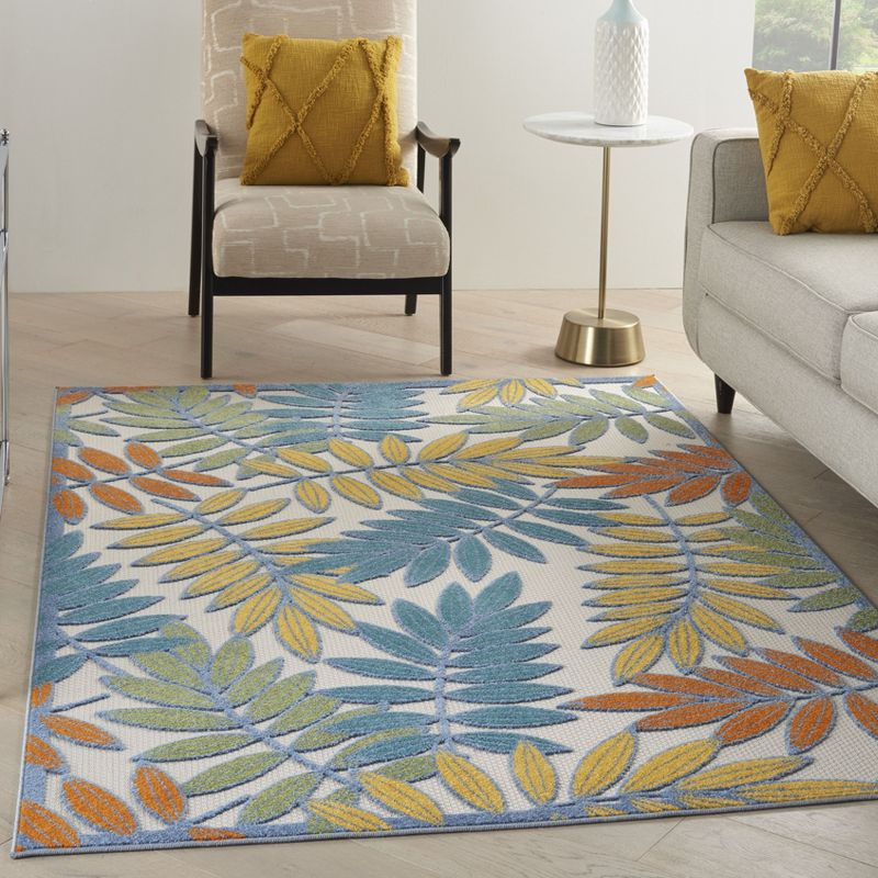 Nourison Aloha Floral Leaf Flatweave High-Low Indoor Outdoor Area Rug Ivory/Multi 5'3" x 7'5"