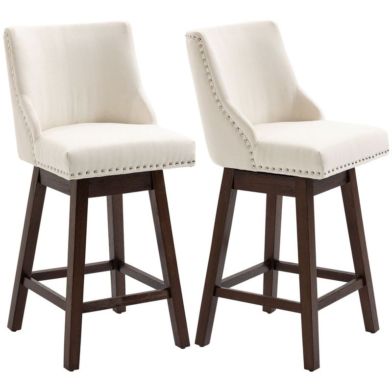 HOMCOM 28" Swivel Bar Height Bar Stools Set of 2, Armless Upholstered Barstools Chairs with Nailhead Trim and Wood Legs, Cream White