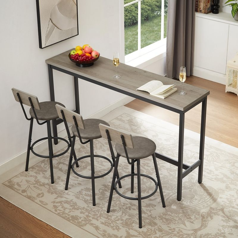 Industrial 4PCS Long Bar Table Set with 3 PU Upholstered Bar Stools, Gray, 4L -ModernLuxe