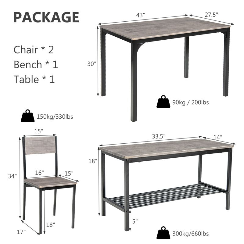 Costway 4pcs Dining Table Set Rustic Desk 2 Chairs & Bench w/ Storage Rack Grey
