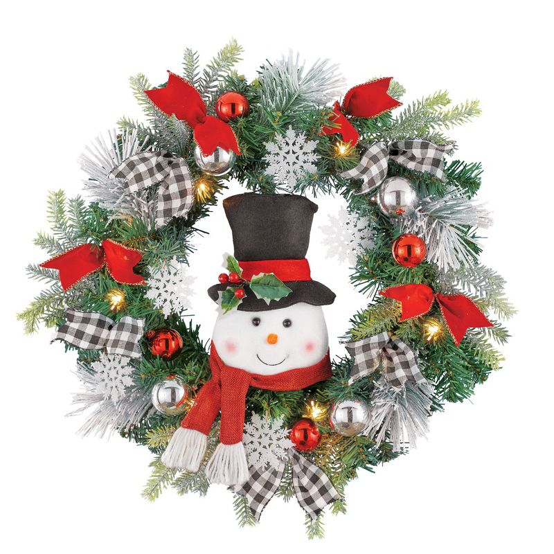 Collections Etc LED Lighted Winter Snowman Wreath with Black/White Buffalo Check Bows Green