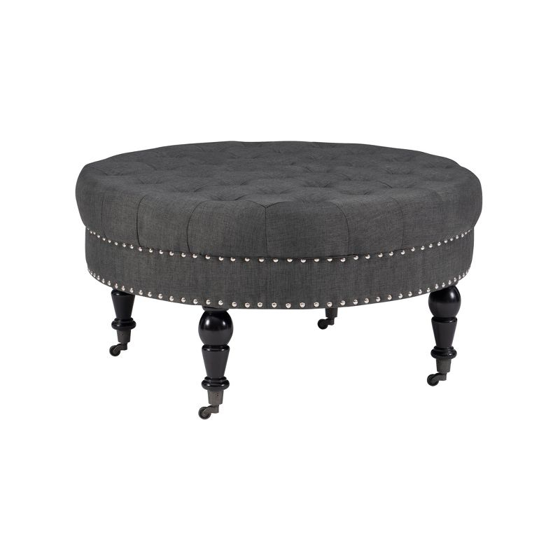 34.6" Isabelle Traditional Round Tufted Upholstered Wheeled Cocktail Ottoman Gray - Linon: Charcoal Linen, Silver Nailhead, Black Legs