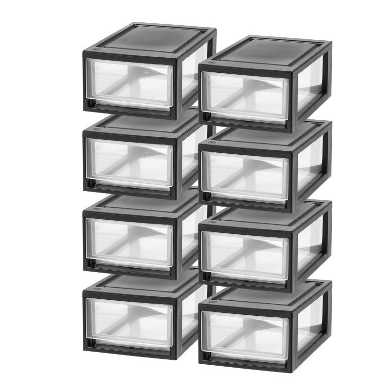 IRIS USA 6 Qt. Stackable Storage Drawer,8 Pack, Plastic Drawer Organizer with Clear Doors for Pantry, Black