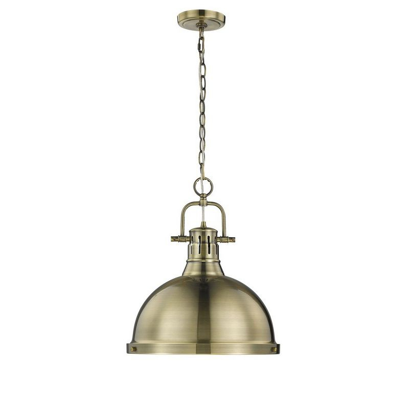 Golden Lighting Duncan 1-Light Large Pendant with Chain in Aged Brass with Seafoam