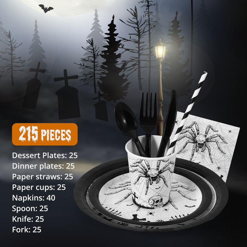 WhizMax 215 Pcs Halloween Plates and Napkins Set Serve 25, Spider Skeleton Disposable Tableware Set  - Plates, Cups, Napkins, Halloween Tableware