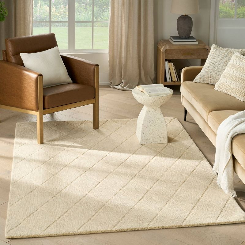 Nourison 5'3"x7'3" Wool Haven Modern Handwoven Area Rug Ivory: Geometric Diamond Pattern, Medium Pile, Indoor Use