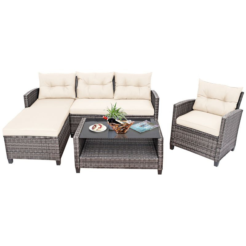 Costway 4PCS Patio Rattan Furniture Set Sofa Ottoman Cushion Garden Deck White