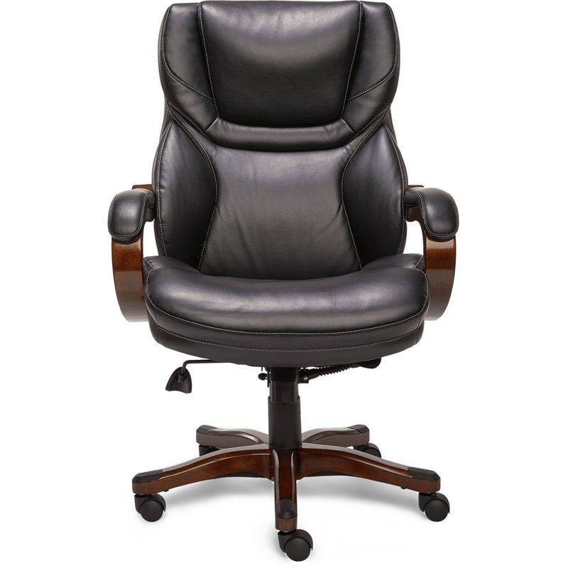 Executive Office Chair in Black Bonded Leather - Serta: High-Density Foam, Fixed Arms, Wood Frame