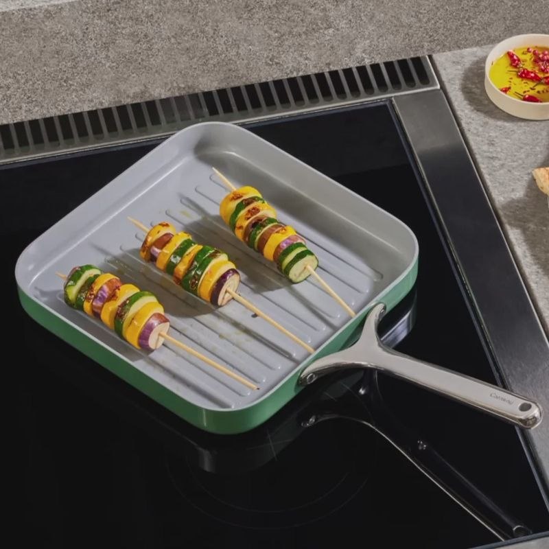 Caraway Home 7pc Square Cookware Set Perracotta: Nonstick Ceramic, Griddle Pans, Roasting Pan, Pot Lid Organizer