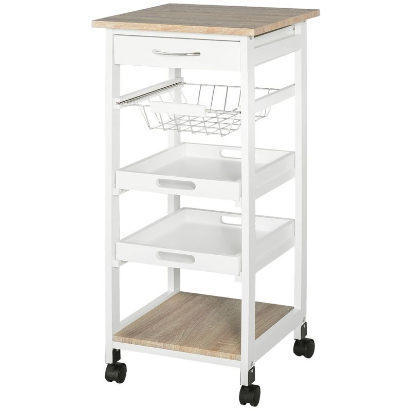 HOMCOM Mobile Rolling Kitchen Island Trolley Serving Cart with Underneath Drawer & Slide-Out Wire Storage Basket, White
