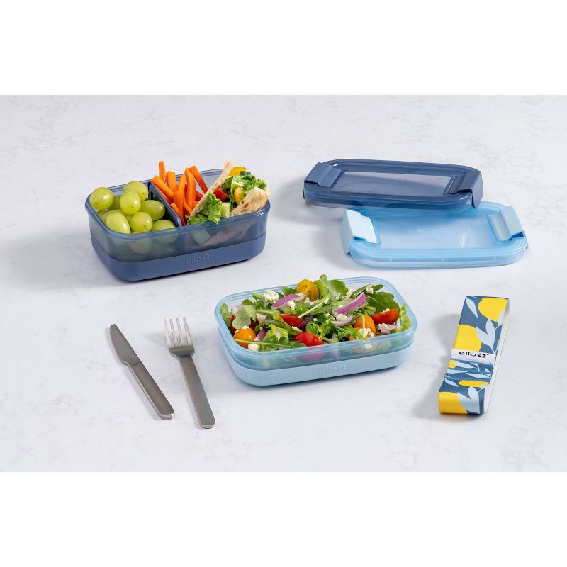 Ello 2pk Plastic Lunch Stack Food Storage Container Blue: Freezer, Dishwasher & Microwave Safe, Includes Utensils & Strap