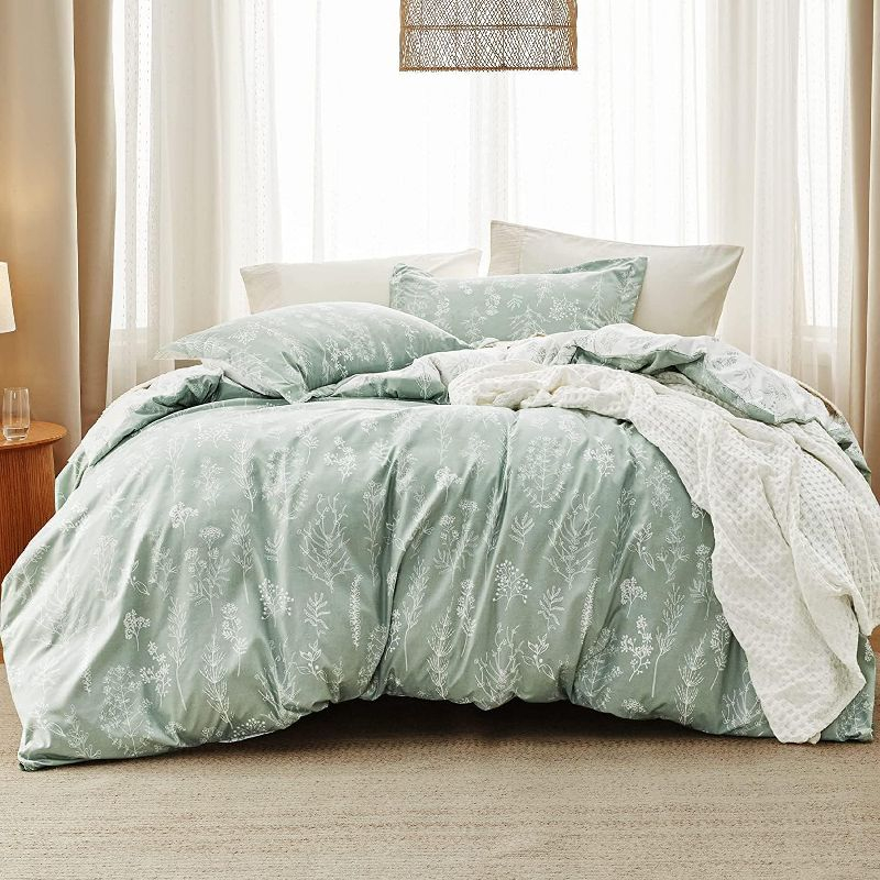 2 Pcs Floral Printed Reversible Sage Green Comforter Set Twin/Twin XL Size Soft Designed Plants Pattern Bedding Set - Bedsure