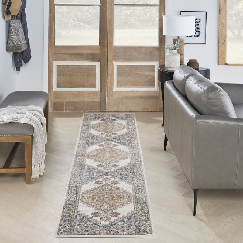 Nourison Astra Machine Washable Vintage Persian Indoor Bathroom, Kitchen Runner Rug Grey/Gold 2'2" x 12'