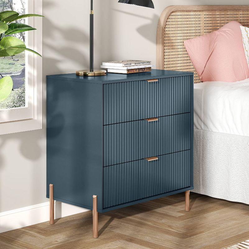 Festivo 3 Drawer Nightstand Navy: Scandinavian Modern Style, MDF Construction, Storage Solution with Anti-Tip Hardware