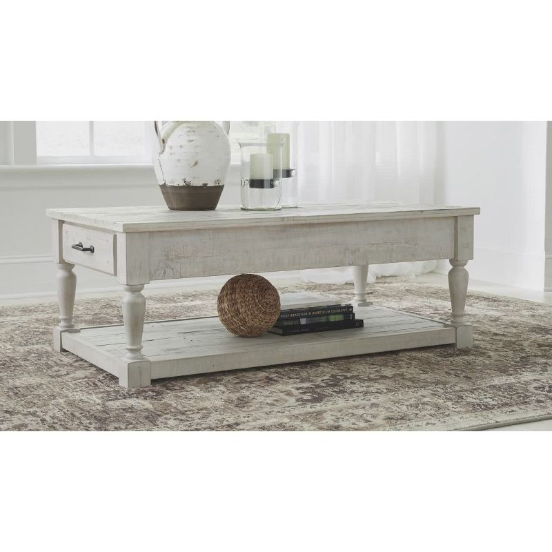 Shawnalore Rectangular Cocktail Table White Wash - Signature Design by Ashley: Solid Pine, Farmhouse Style, Storage Shelf