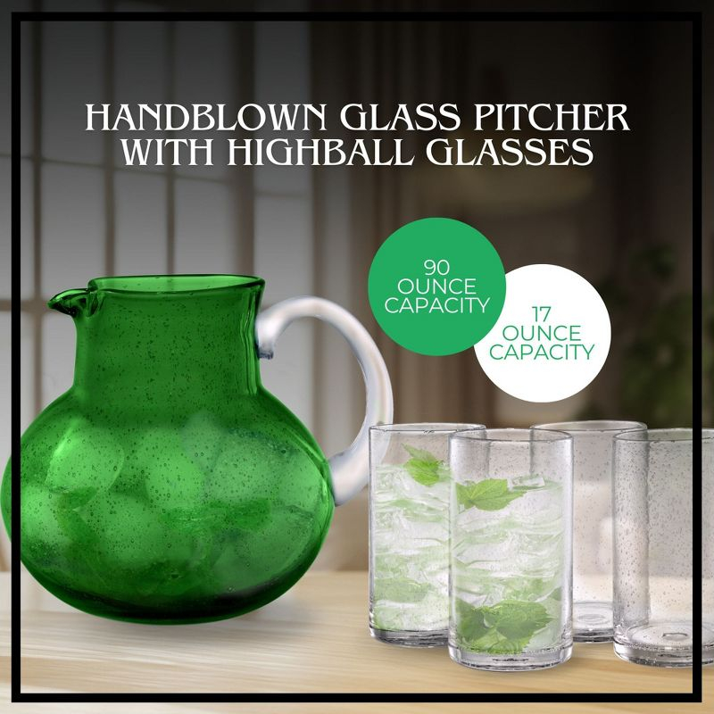 Artland Iris 90oz Hand Blown Green Pitcher & Set of 4 17oz Clear Highball Glasses, Unique Bubble Design, Lead-Free Glass for Serving Beverages