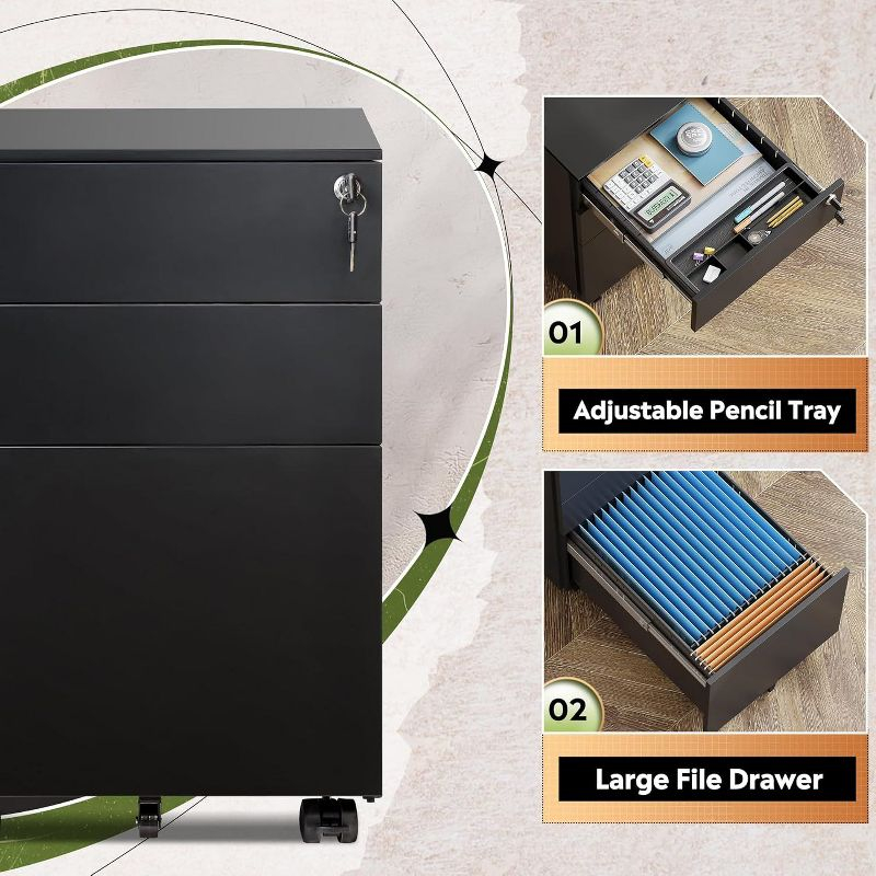 Locking File Cabinet, 3 Drawer Rolling Pedestal Under Desk Office, Fully Assembled Except Casters, Black
