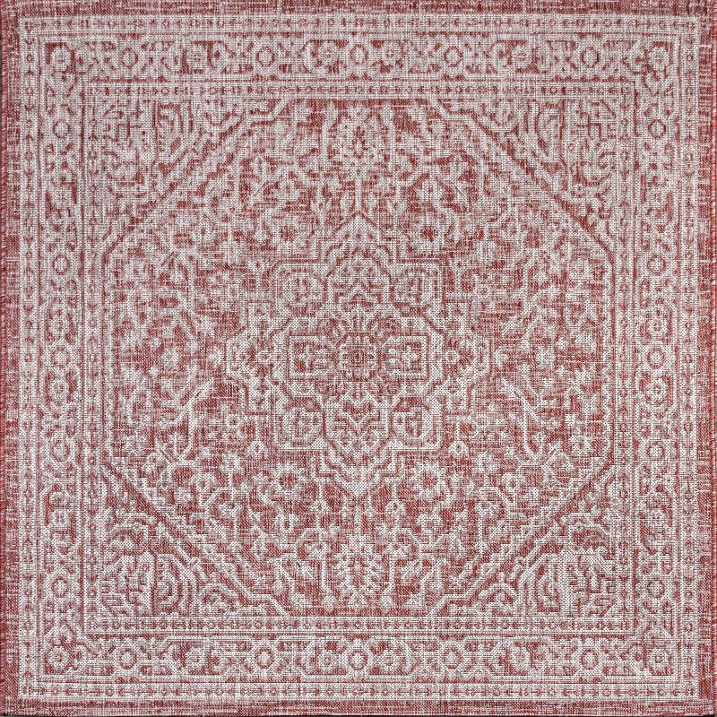 5' Square Sinjuri Medallion Textured Weave Indoor/Outdoor Area Rug, Red/Taupe - JONATHAN Y