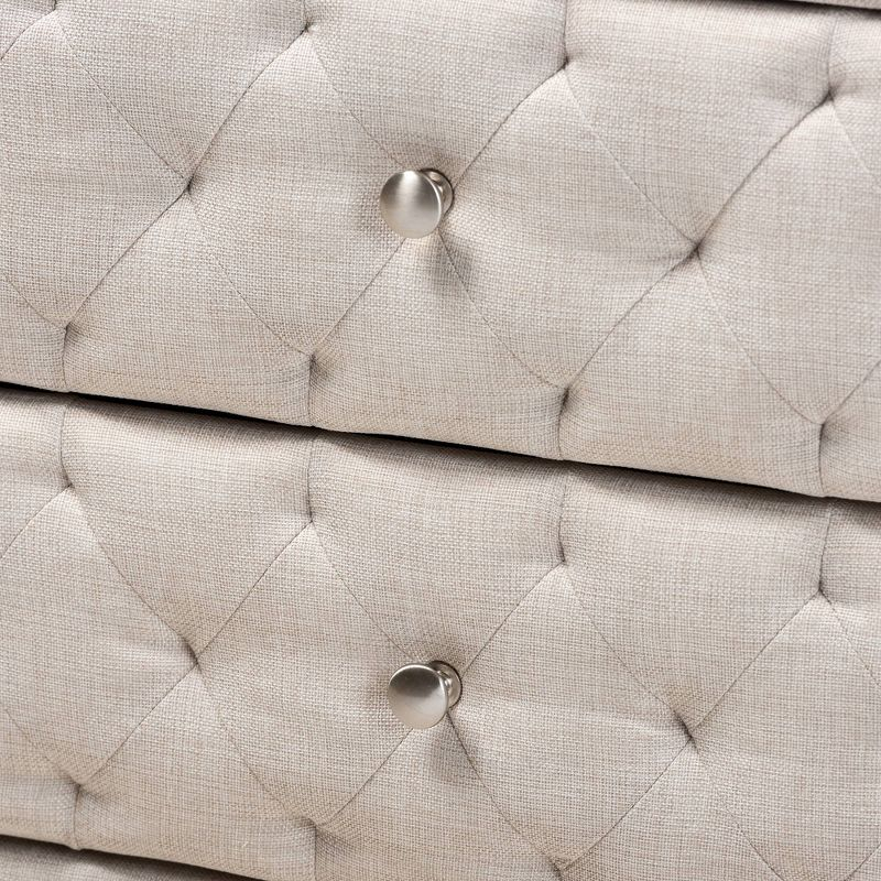 2 Drawer Lepine Wood Nightstand Beige - Baxton Studio: Upholstered, Tufted, Silver Knobs, Assembly Required