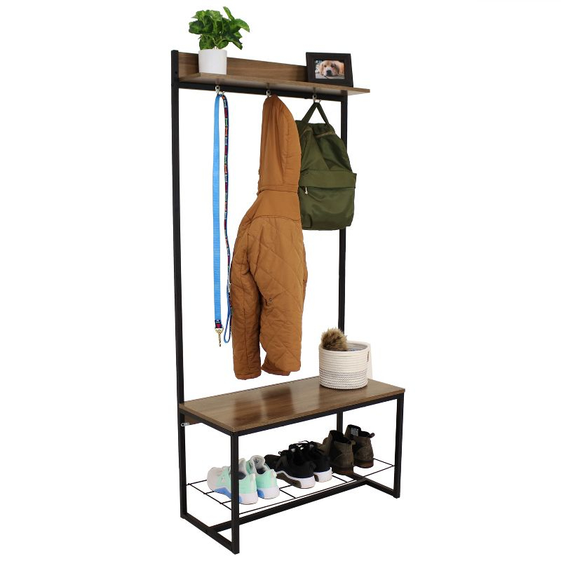 Sunnydaze Indoor Industrial-Style Hall Tree Bench with Coat/Shoe Rack - MDP Shelves with Powder-Coated Steel Frame - Brown - 67 in