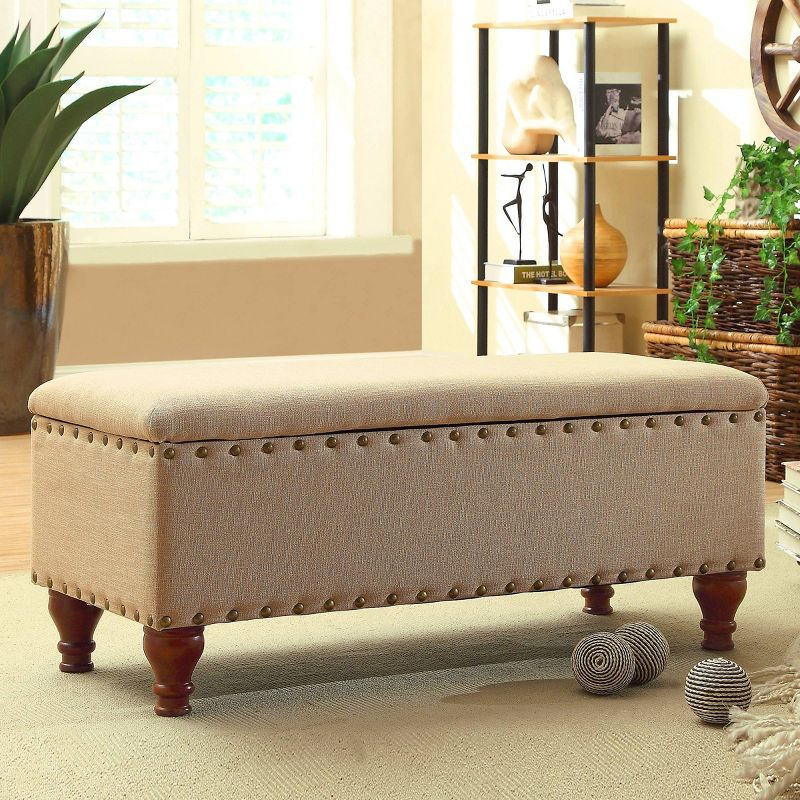 Large Storage Bench with Nailhead Tan - HomePop: Upholstered, Wood Legs, Hinged Lid