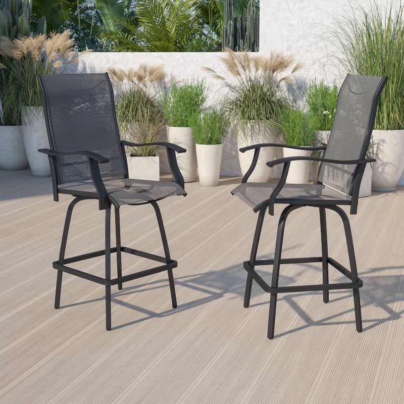Flash Furniture Patio Bar Height Stools Set of 2, All-Weather Textilene Swivel Patio Stools and Deck Chairs with High Back & Armrests in Gray