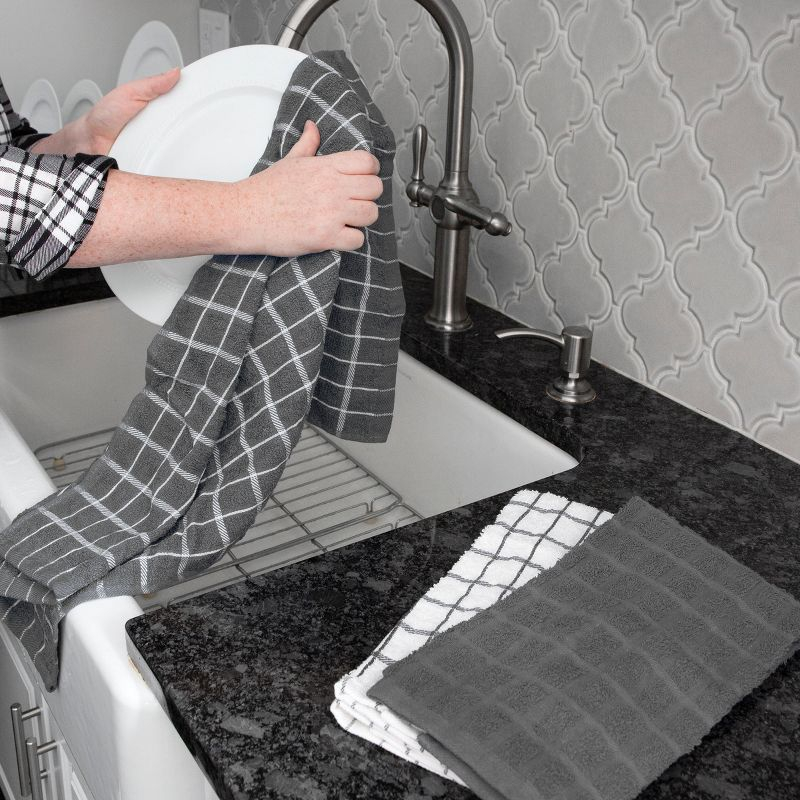 John Ritzenthaler Co. Ritz 3-Pack Terry Check Kitchen Towel Set and 6-Pack Terry Check Dish Cloth Set, Grey