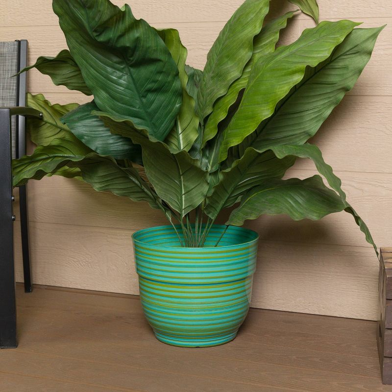 Alpine Corporation Glossy Striped Indoor Outdoor Planter with Drainage Hole Turquoise 13"x13"x11": Polypropylene, Freestanding
