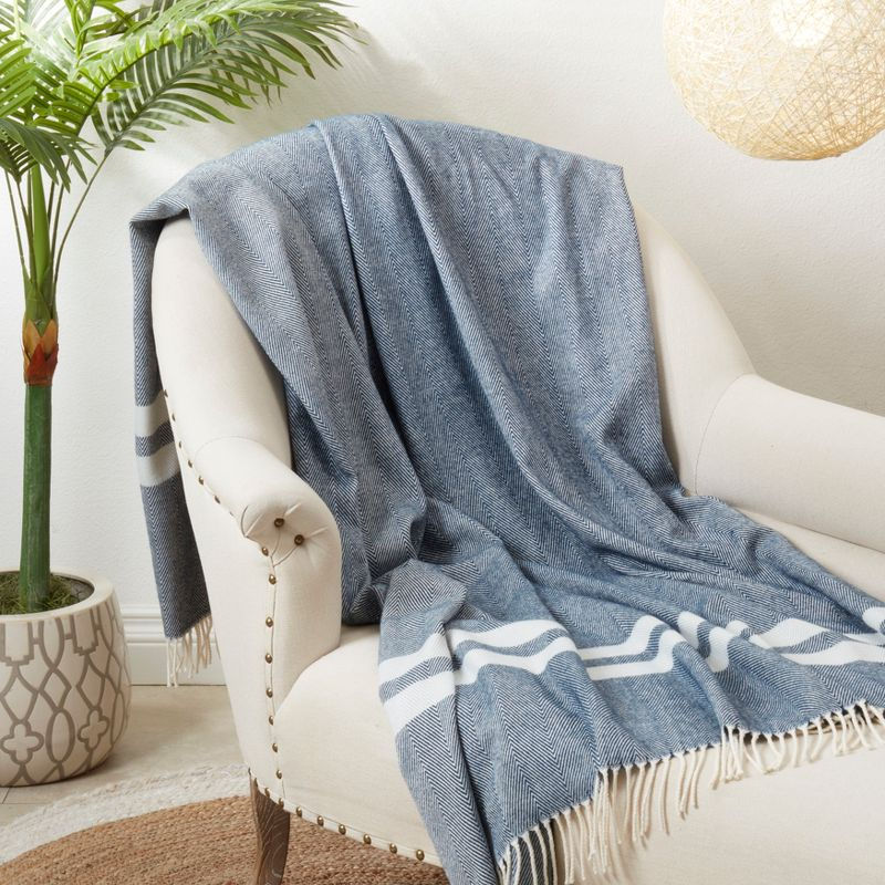 Saro Lifestyle Trendy Stripe and Herringbone Fringed Throw, Blue, 50"x60"