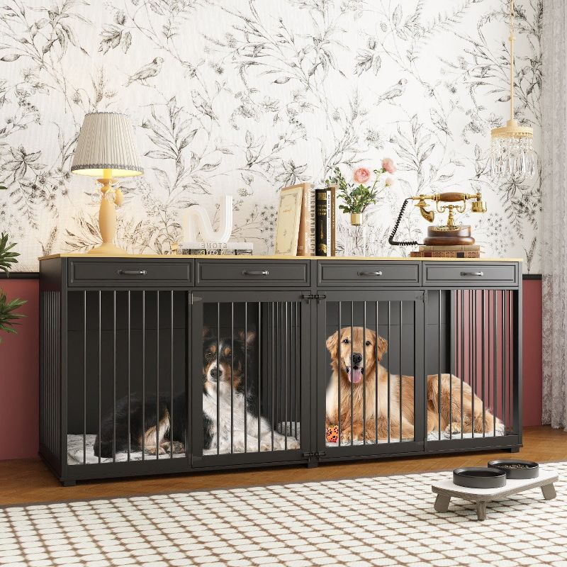 Famapy Spacious Large Double Dog Cage Furniture with Multiple Drawers Black
