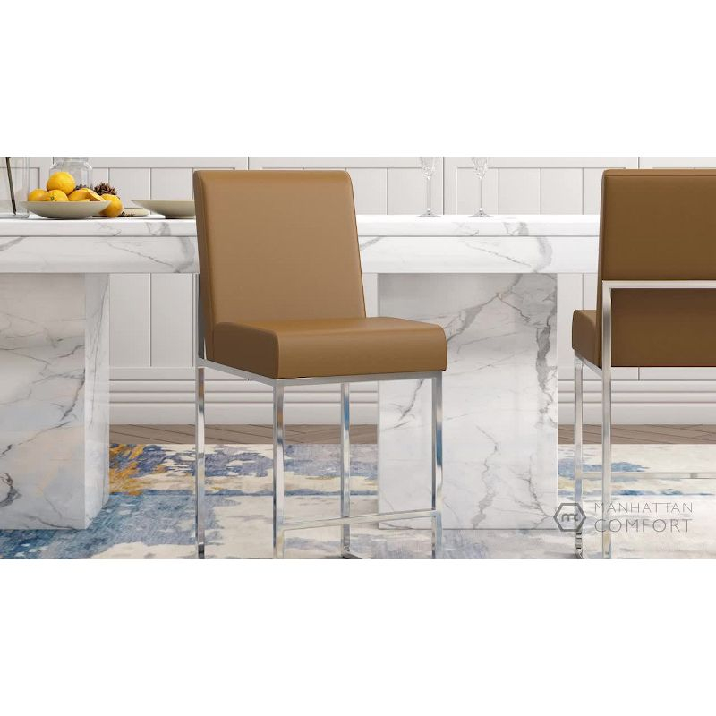 Set of 2 Element Upholstered Stainless Steel Counter Height Barstools Camel - Manhattan Comfort