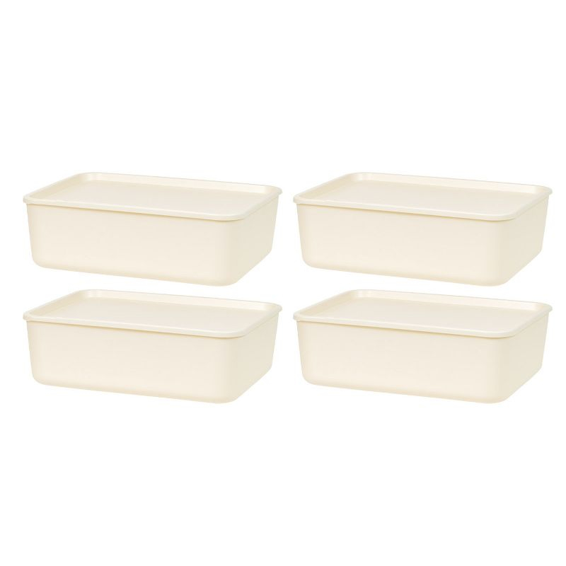 IRIS USA Plastic Modular Basket Bin & Lid, Medium, 4-Pack, Stackable Lidded Storage Organizer Bins for-Kitchen-Bathroom and Bedroom, OFF White