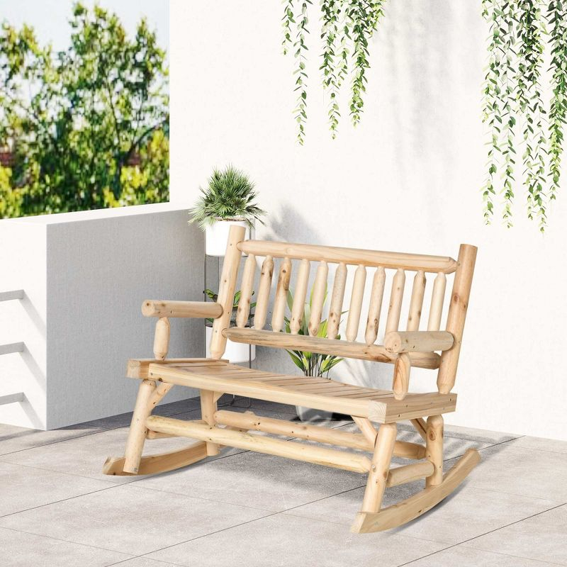 Outsunny 2-Person Wood Rocking Chair with Log Design, Heavy Duty Loveseat with Wide Curved Seats for Patio, Backyard, Garden, Natural
